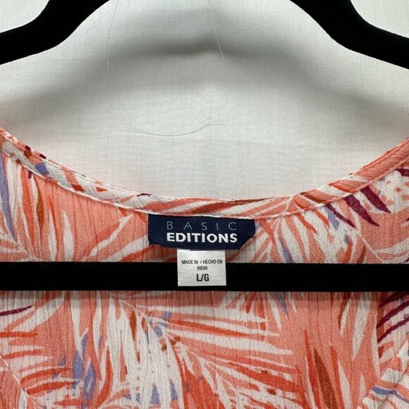 Basic Editions Tank Top Womens Sz L Tropical Shirred Crinkle Sleeveless Orange - Picture 8 of 11